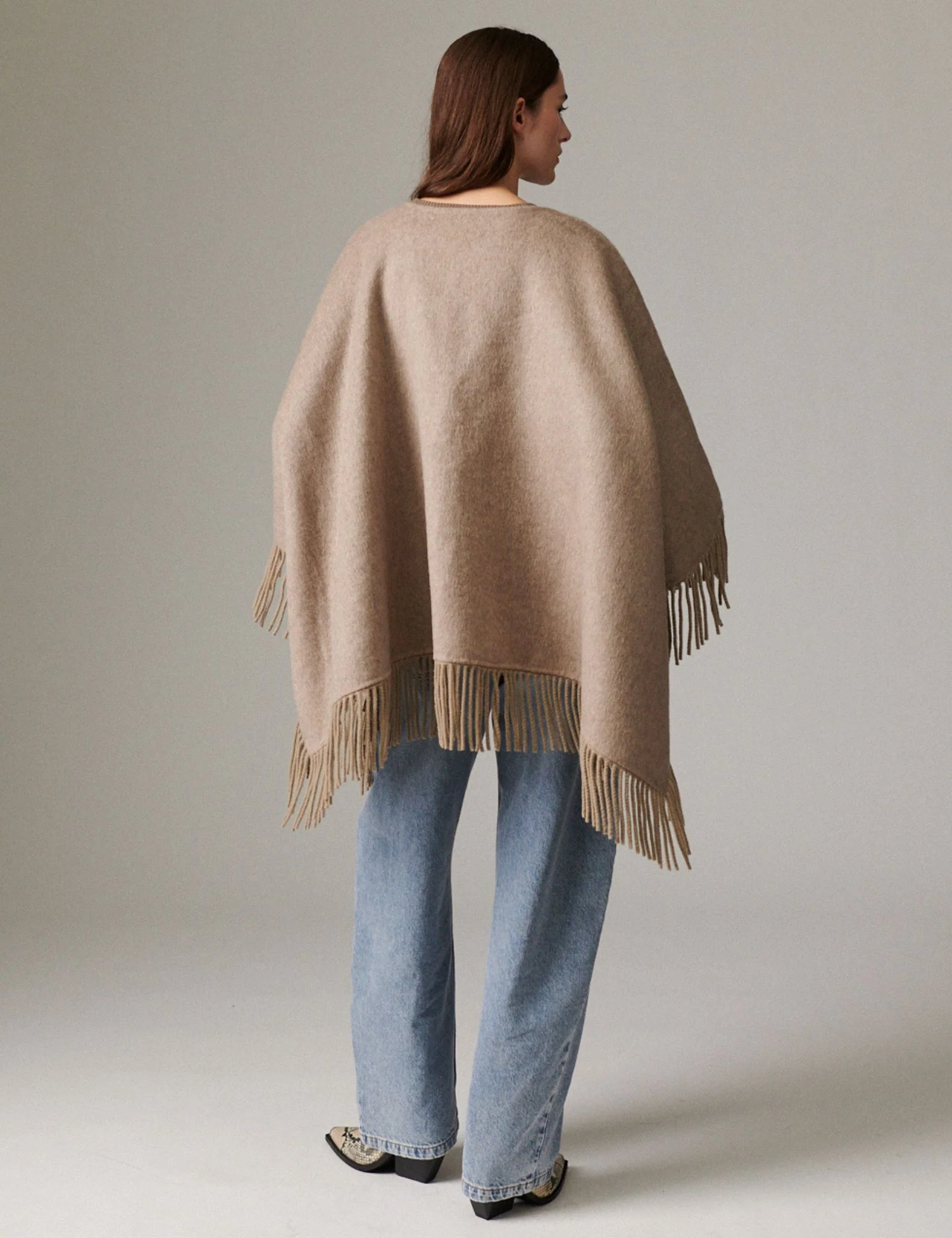 Sybil Fringes - Double Faced Wool - Cape - Beige Melange - Image 4